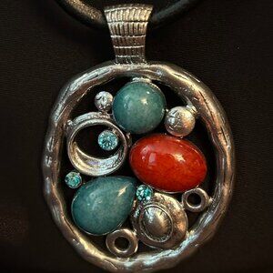 Vintage big Funky Faux Turquoise and Coral Pendant Necklace
